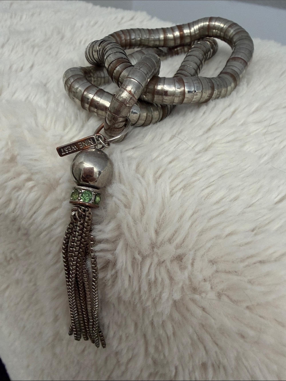 Nine West Silver-Tone Necklace with Green Crystal Tassel
